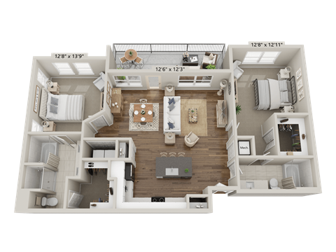 Floor plan for 2 beds, 2 baths, 1322 sqft